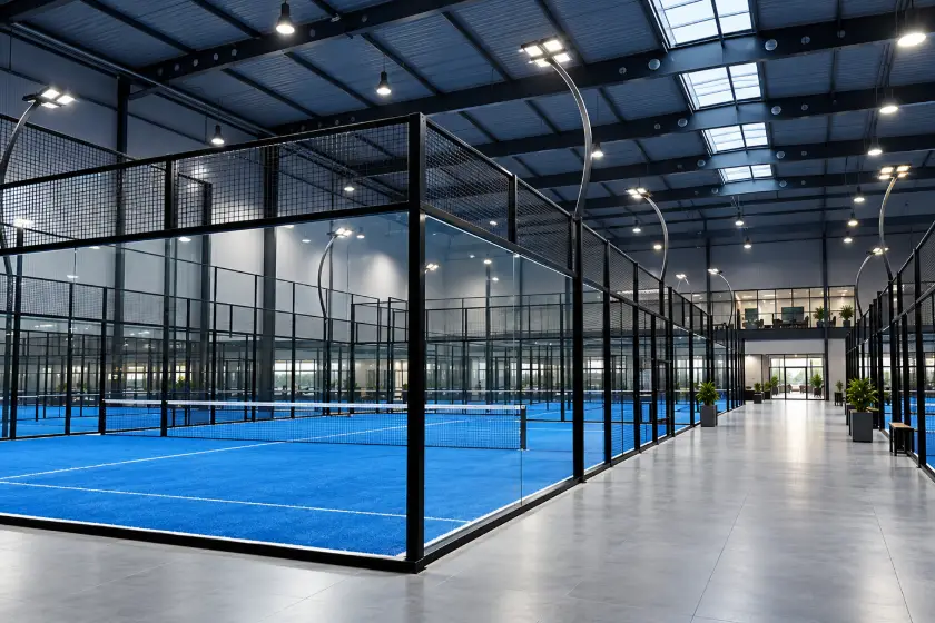 Indoor padel hall with panoramic glass courts
