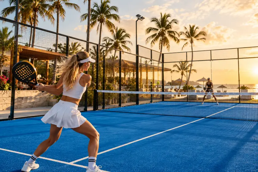 Panoramic padel court at a seaside resort at sunset