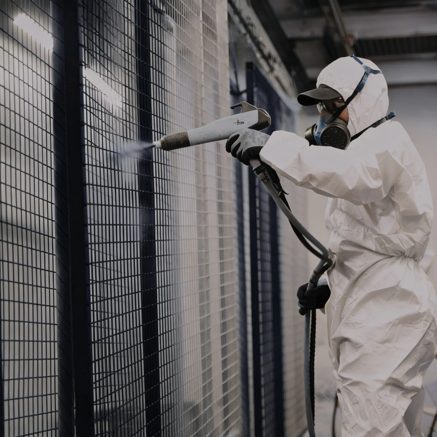 Worker applying protective coating to padel court steel mesh panels