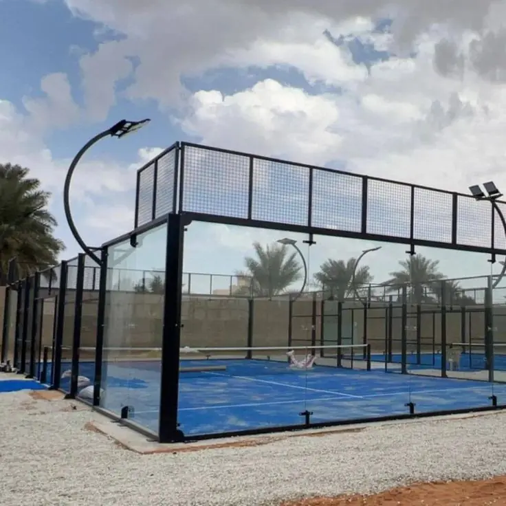 Outdoor panoramic court with palm trees