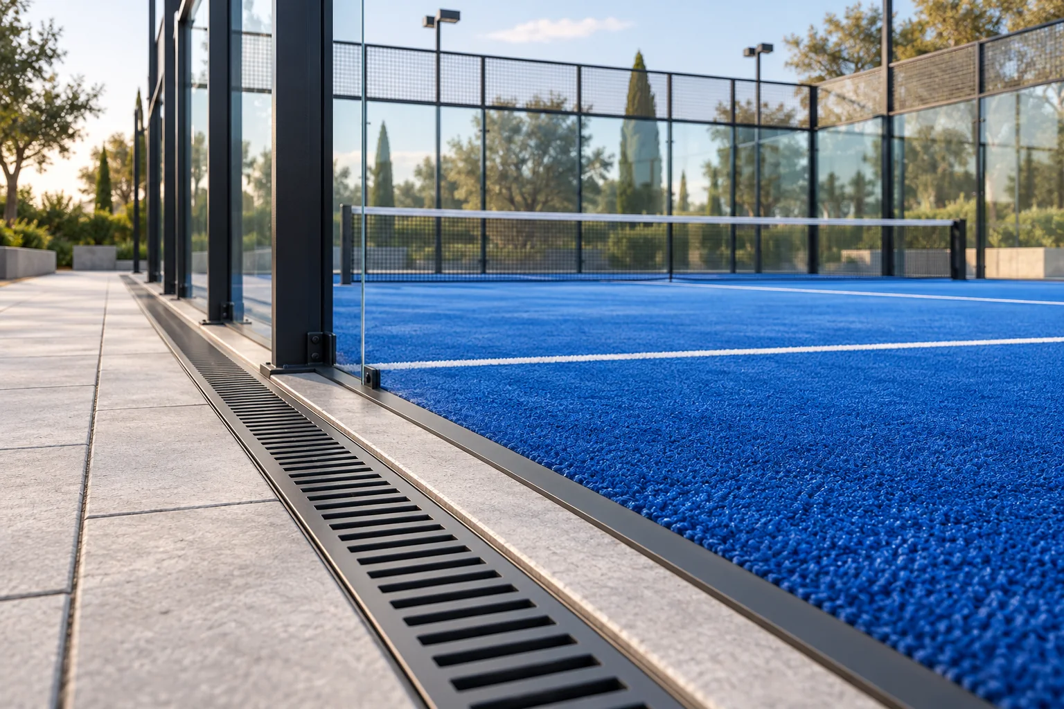 Court edge and drainage channel