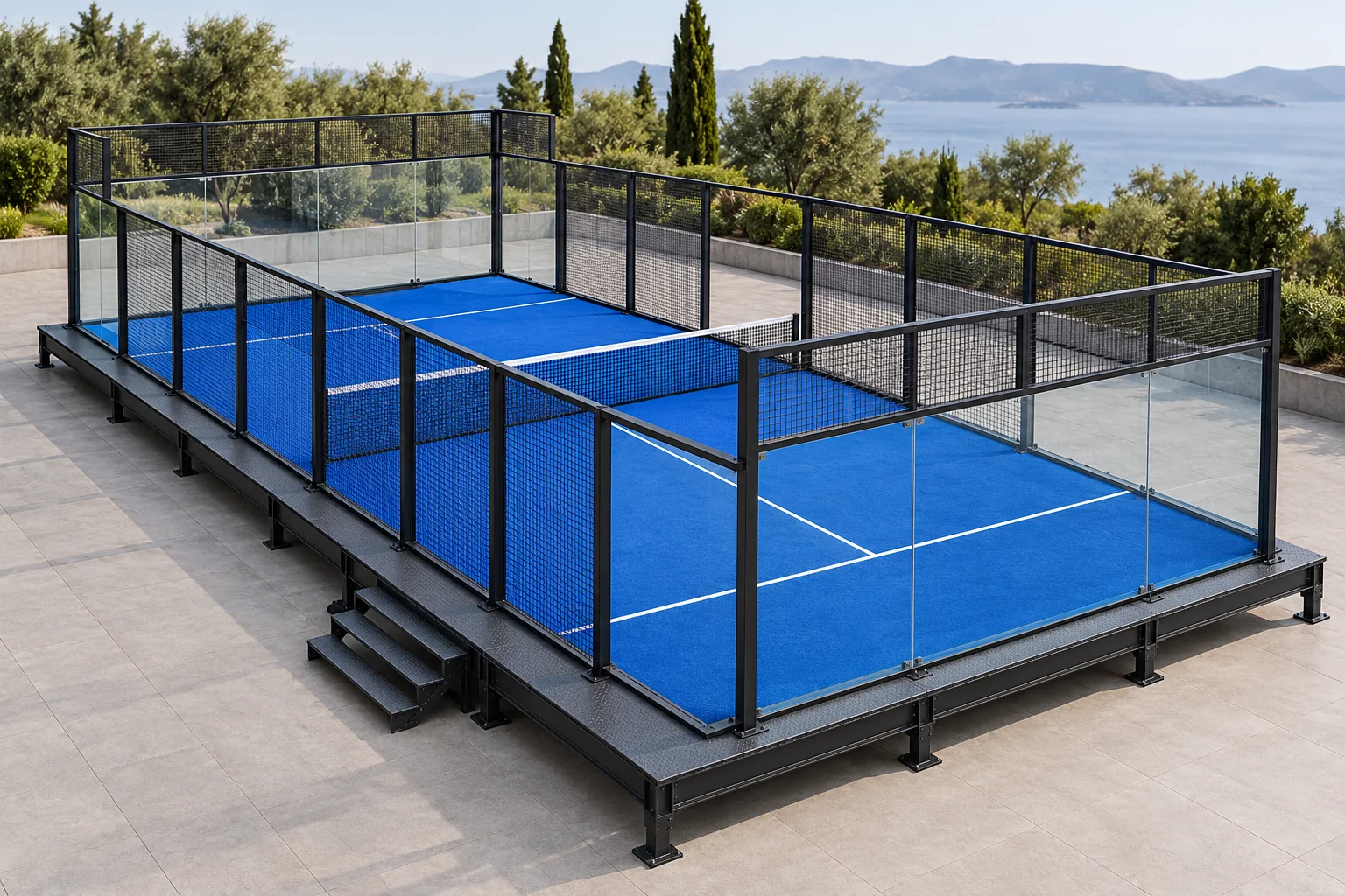 Padel court on a raised portable platform