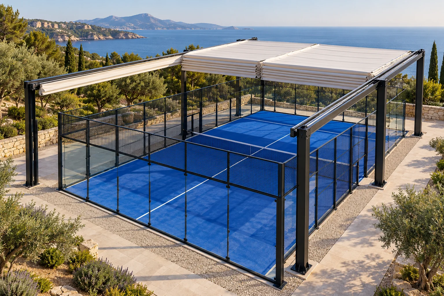 Retractable fabric canopy over a padel court