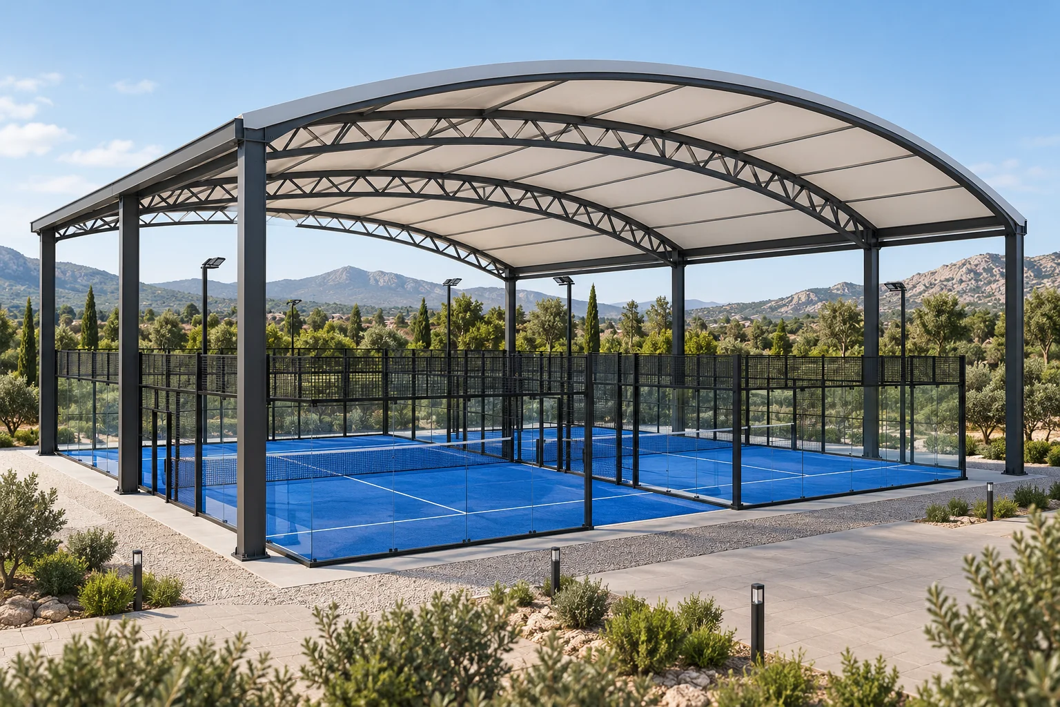 Fixed canopy over padel courts
