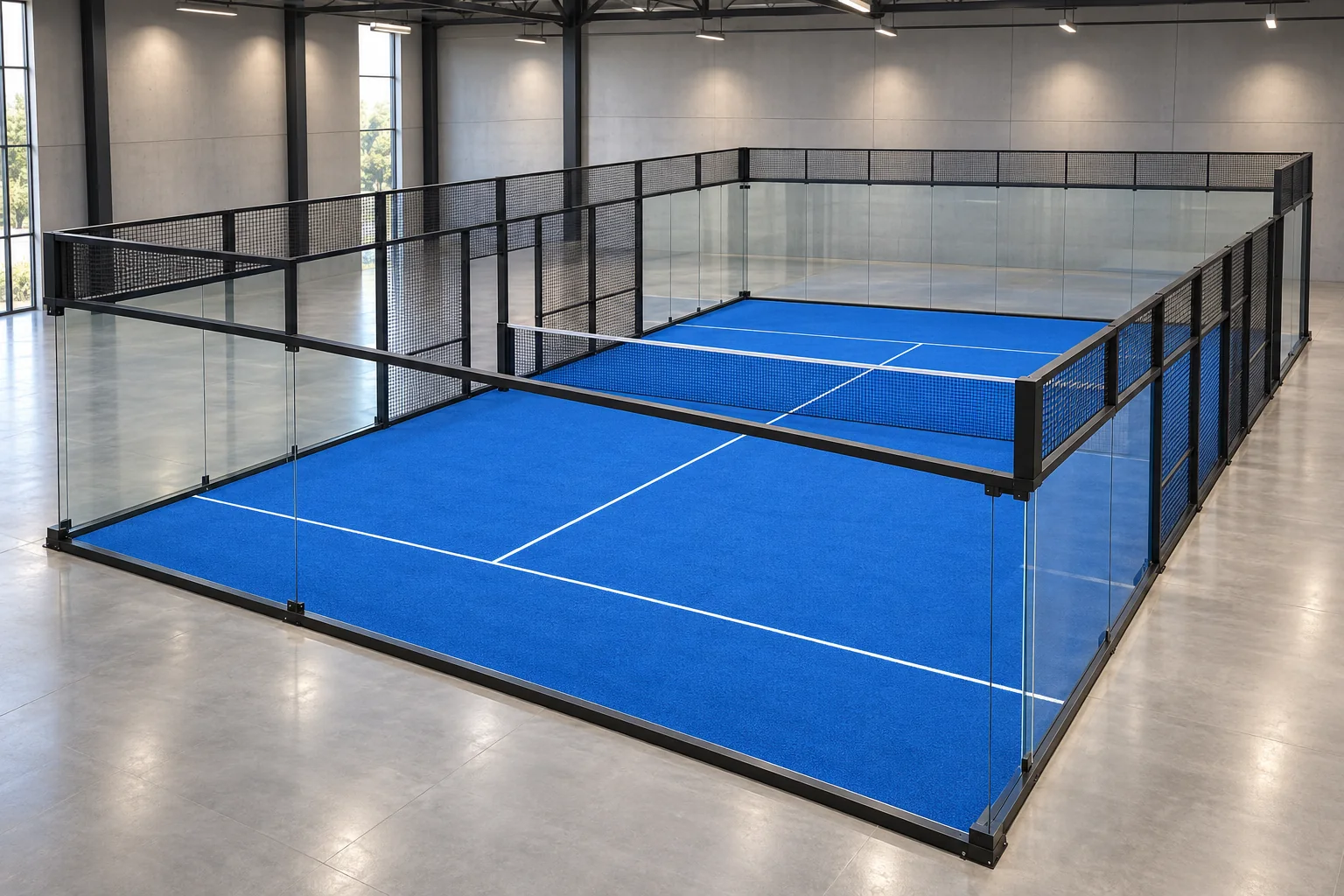 Indoor open-corner panoramic padel court