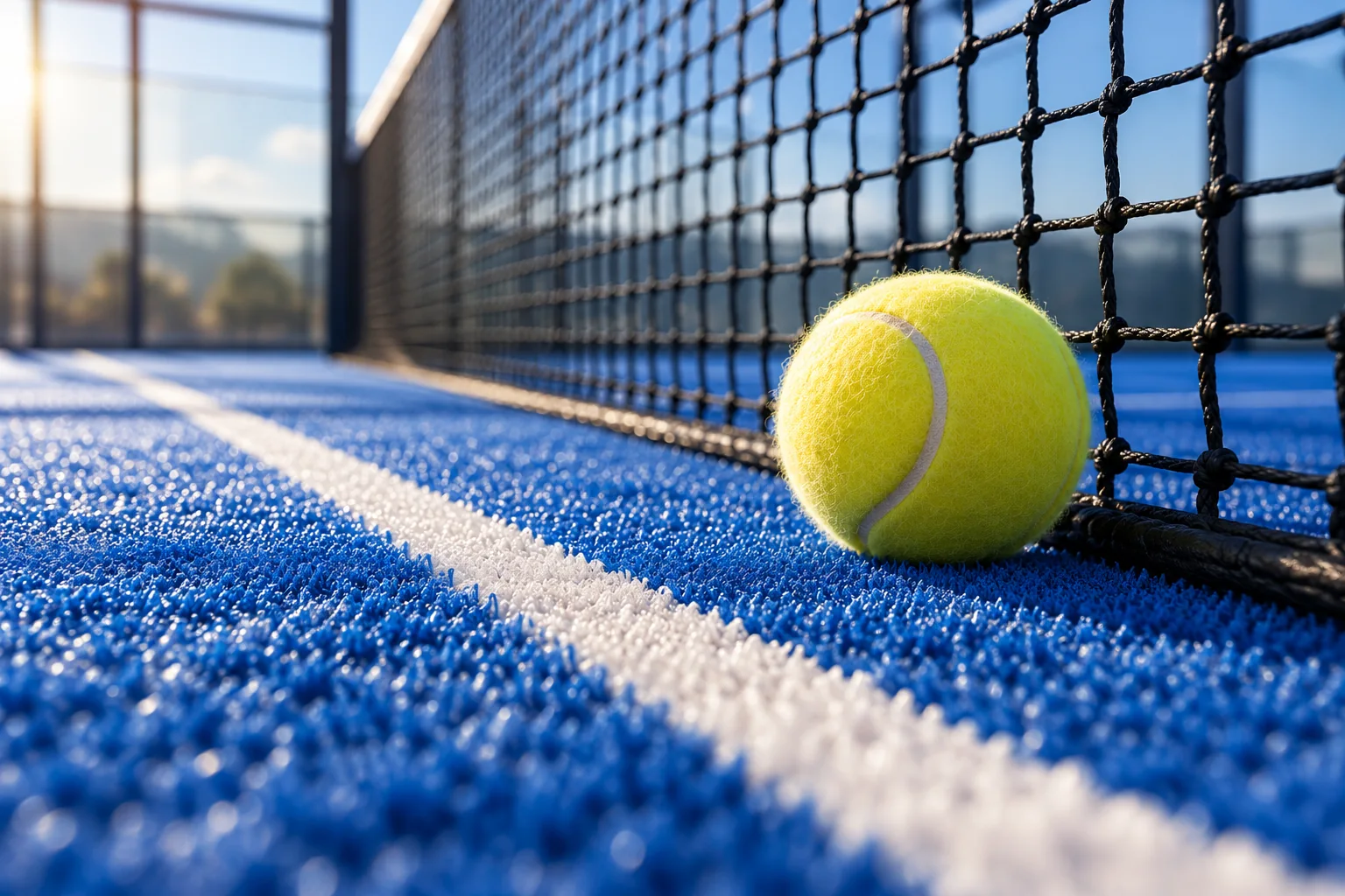 Blue turf, court line, net and padel ball