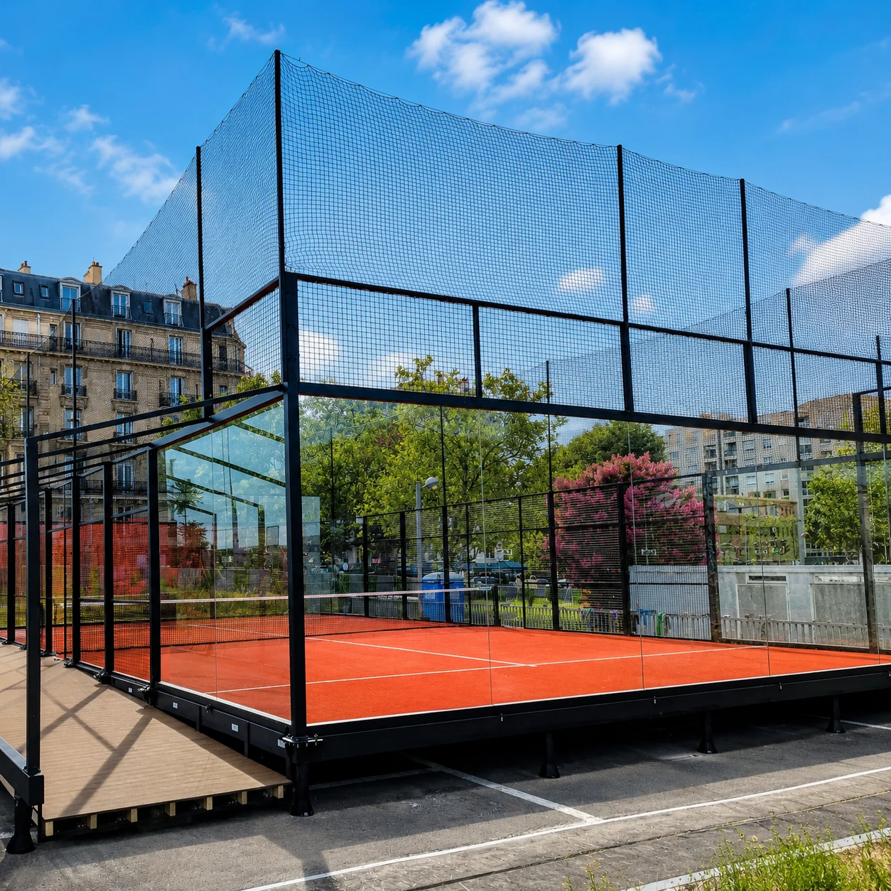 Elevated padel court concept showing a raised platform, support legs and adjacent access deck